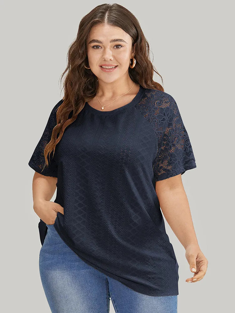 Solid Broderie Anglaise Lace Raglan Sleeve T-shirt