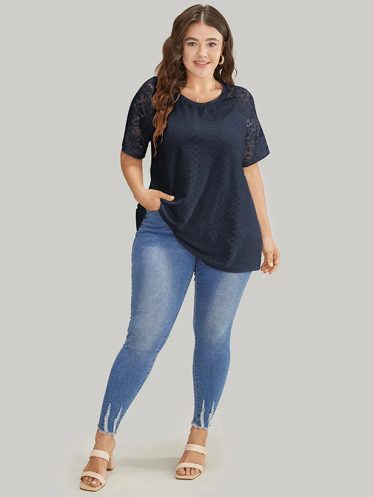 Solid Broderie Anglaise Lace Raglan Sleeve T-shirt