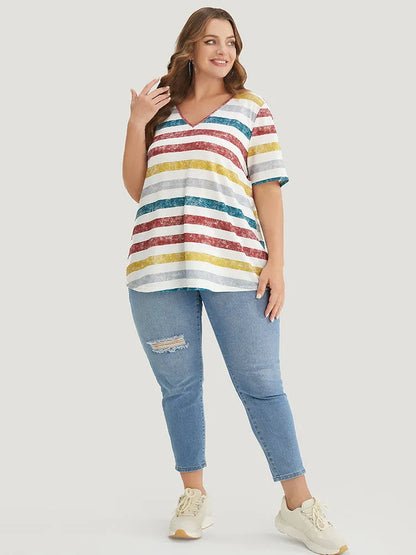 Striped Contrast V Neck T-shirt