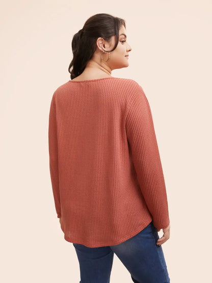 Plain Waffle Knit Scoop Neck Plicated Detail T-Shirt