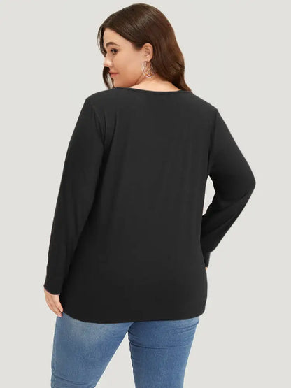 Plain V Neck Line Button Detail T-Shirt