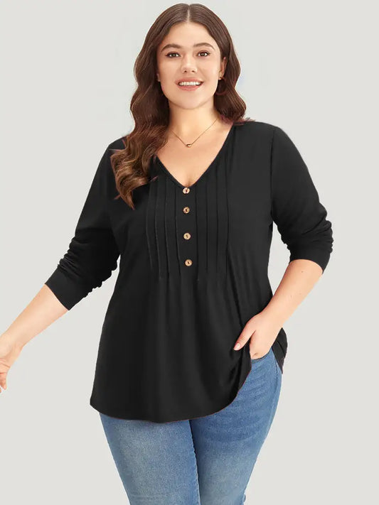 Plain V Neck Line Button Detail T-Shirt