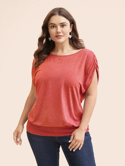 Solid Ruched Batwing Sleeve Shirred Hem T-Shirt