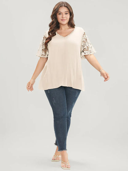Plain V Neck Floral Patchwork Blouse
