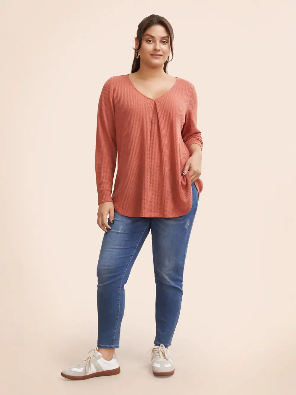 Plain Waffle Knit Scoop Neck Plicated Detail T-Shirt