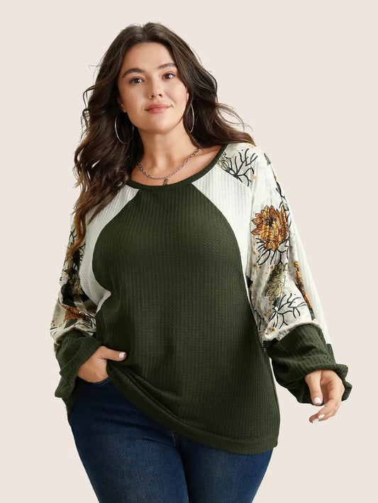 Waffle Knit Patchwork Floral Print T-Shirt