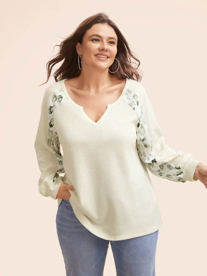 Waffle Knit Patchwork Leopard Print Sweatshirt