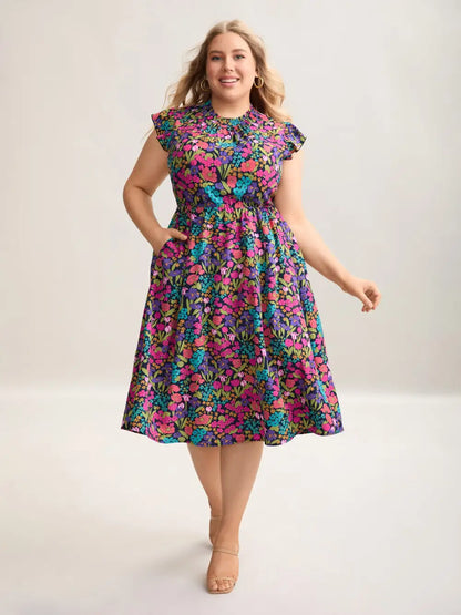 Floral Print Shirred Pockets Midi Dress