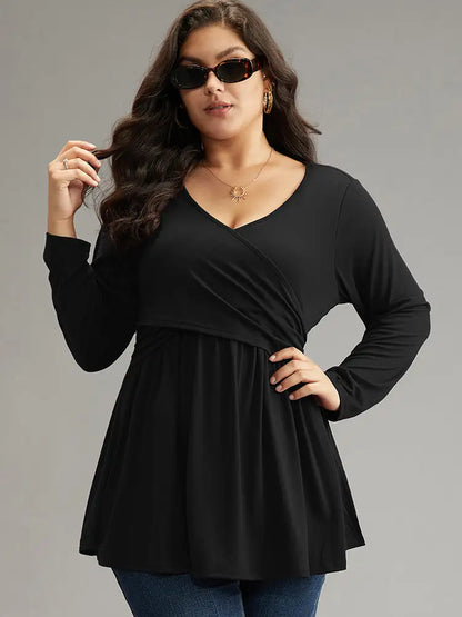 Solid Crossover V Neck Ruffle Hem T-Shirt
