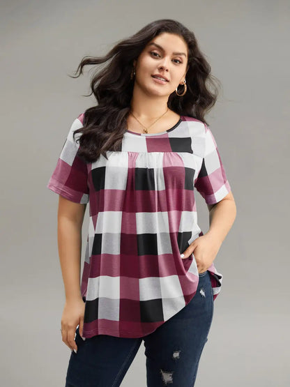Plaid Round Neck Gathered T-Shirt