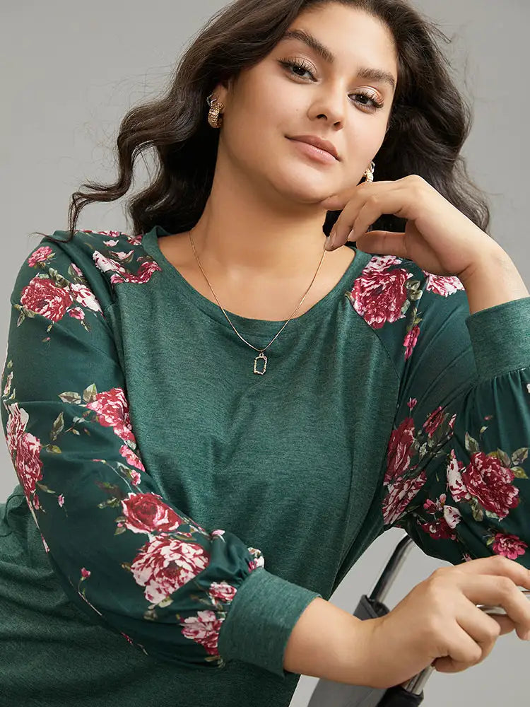 Floral Patchwork Crew Neck Raglan Sleeve T-Shirt