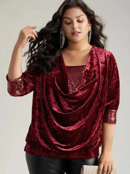 Cowl Neck 2-In-1 Sequin Patchwork Blouse