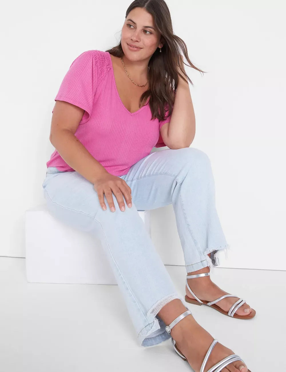 Flutter-Sleeve Smocked Rib Tee