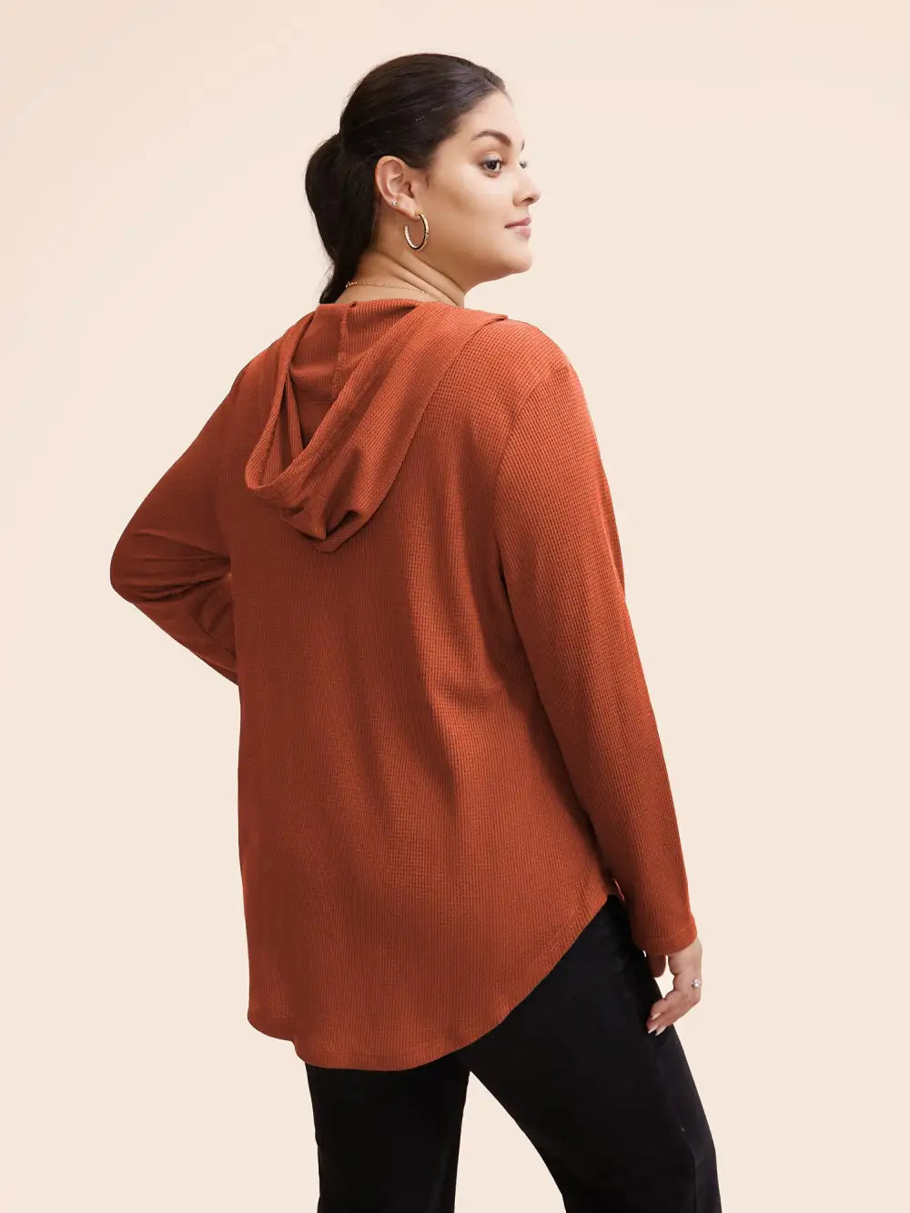 Waffle Knit Pocket Hooded Drawstring Arc Hem T-Shirt