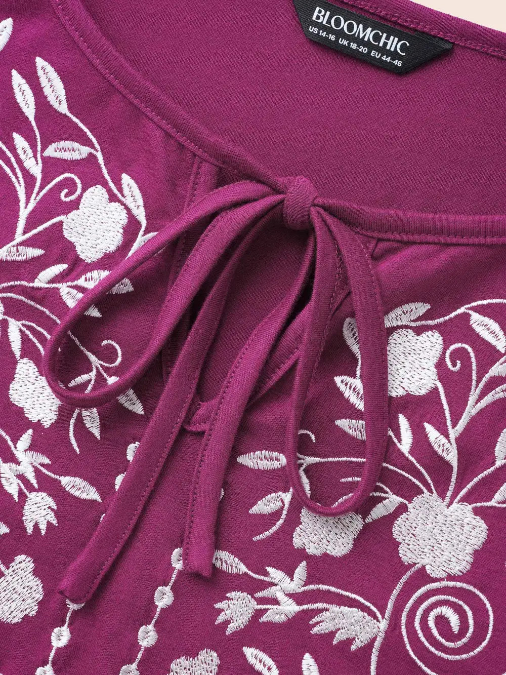 Floral Embroidered Knot Neck Lantern Sleeve T-Shirt