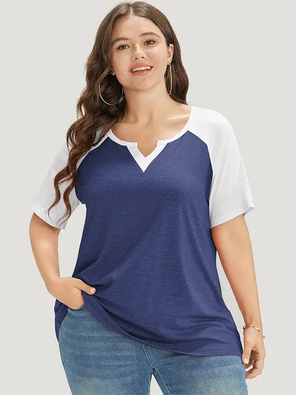 Colorblock Contrast Notched Raglan Sleeve T-shirt