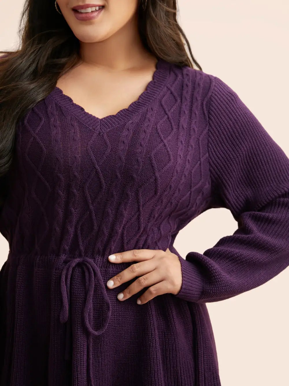 V Neck Cable Knit Drawstring Pullover