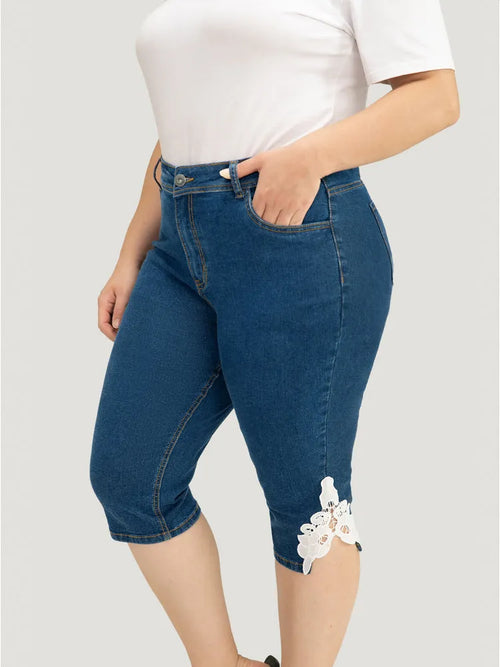 Very Stretchy High Rise Medium Wash Guipure Lace Knee Denim Shorts