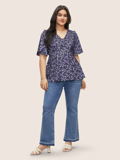 Floral Pleated Elastic Waist Ruffle Sleeve Blouse