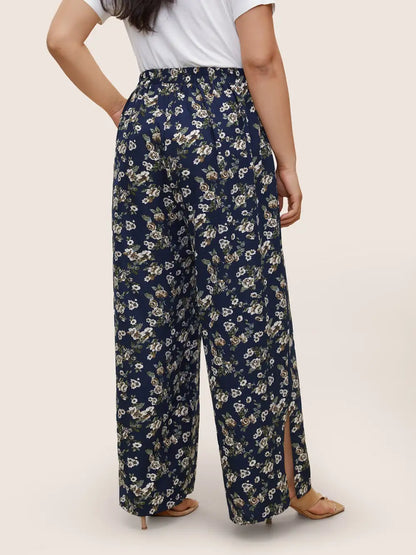 Ditsy Floral Ties Split Hem Wide Leg Pants