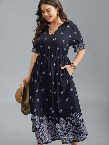 Floral Waist-Tie Notched Collar Midi Dress