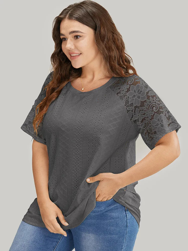 Solid Broderie Anglaise Lace Raglan Sleeve T-shirt
