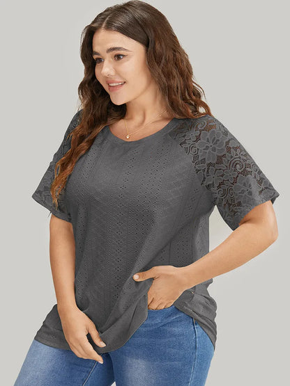 Solid Broderie Anglaise Lace Raglan Sleeve T-shirt