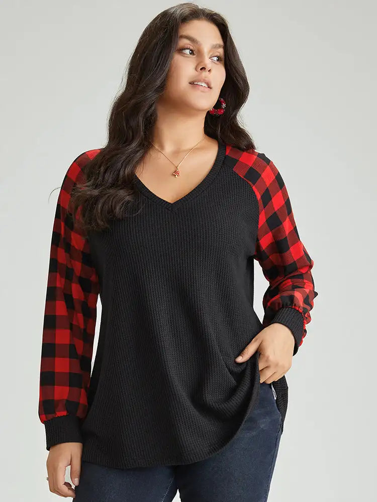Waffle Knit Plaid Patchwork Raglan Sleeve T-Shirt