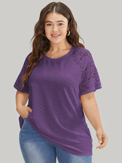 Solid Broderie Anglaise Lace Raglan Sleeve T-shirt