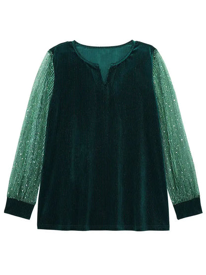 Velvet Patchwork Mesh Sequin Notched T-Shirt