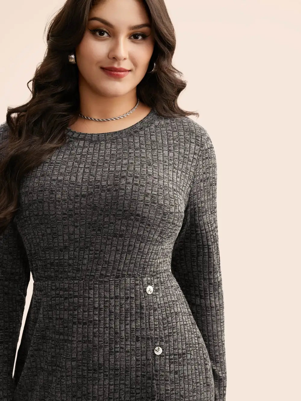 Crew Neck Button Detail Split Hem Dress