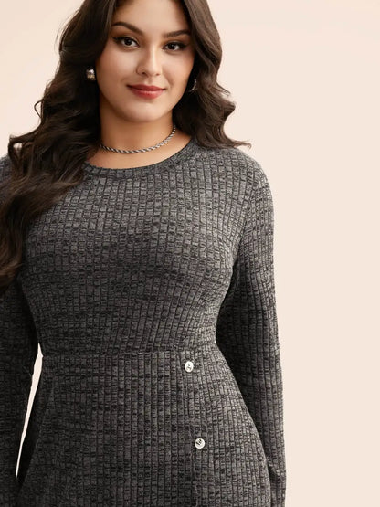 Crew Neck Button Detail Split Hem Dress
