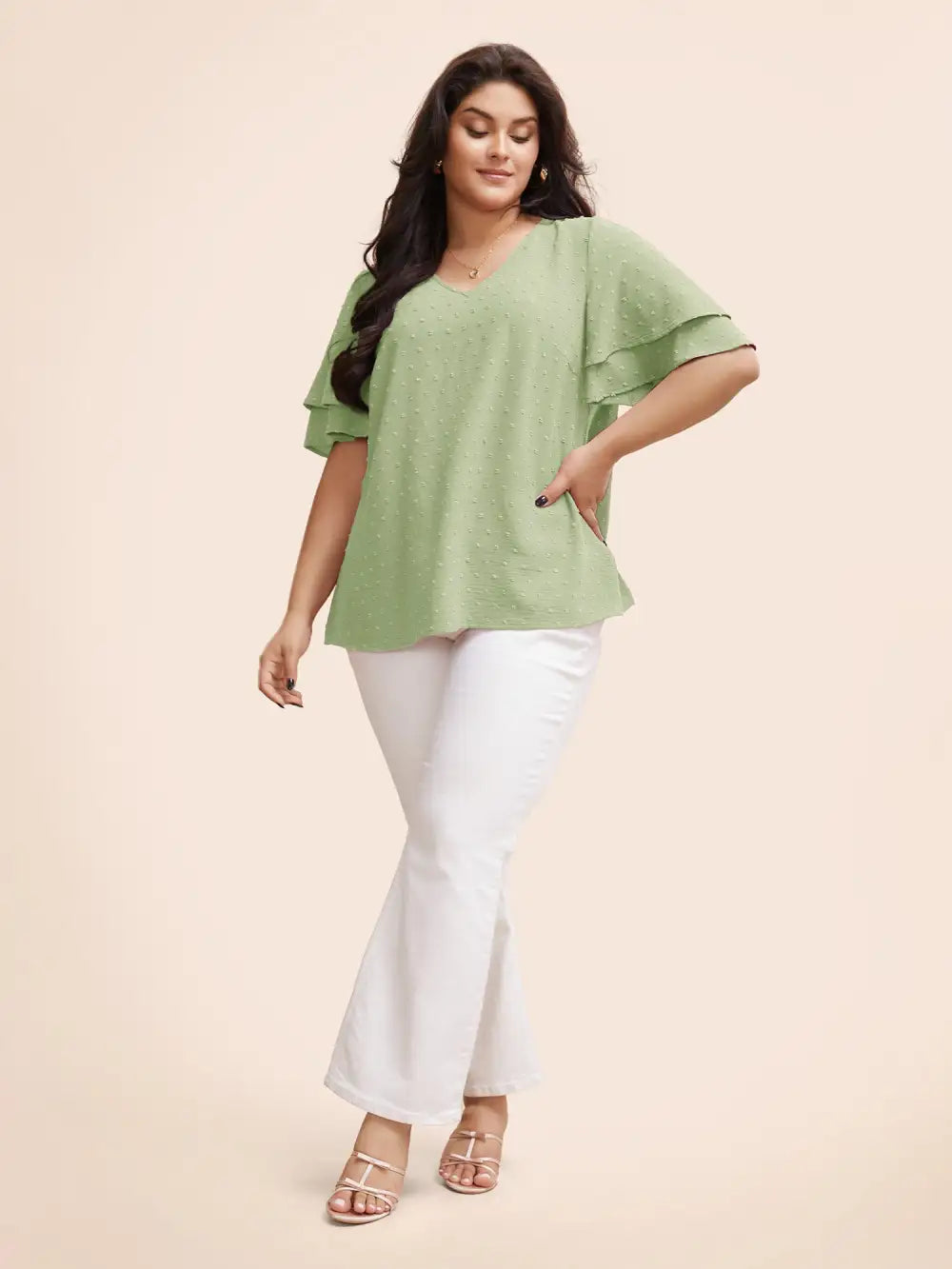 Plain Ruffle Tiered Sleeve V Neck Polka Dot Blouse
