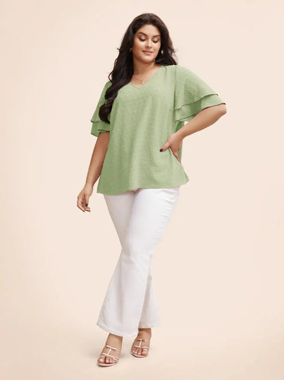 Plain Ruffle Tiered Sleeve V Neck Polka Dot Blouse