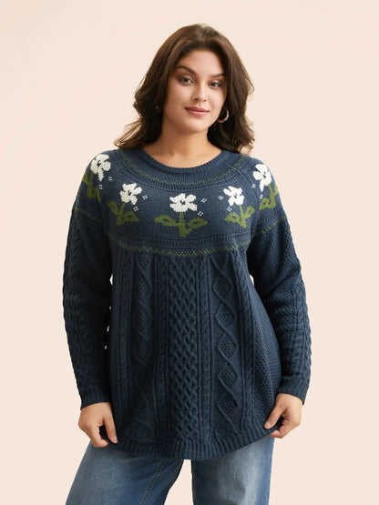 Floral Jacquard Raglan Sleeve Pullover