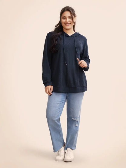 Plain Textured Hooded Drawstring Sweatshirt
