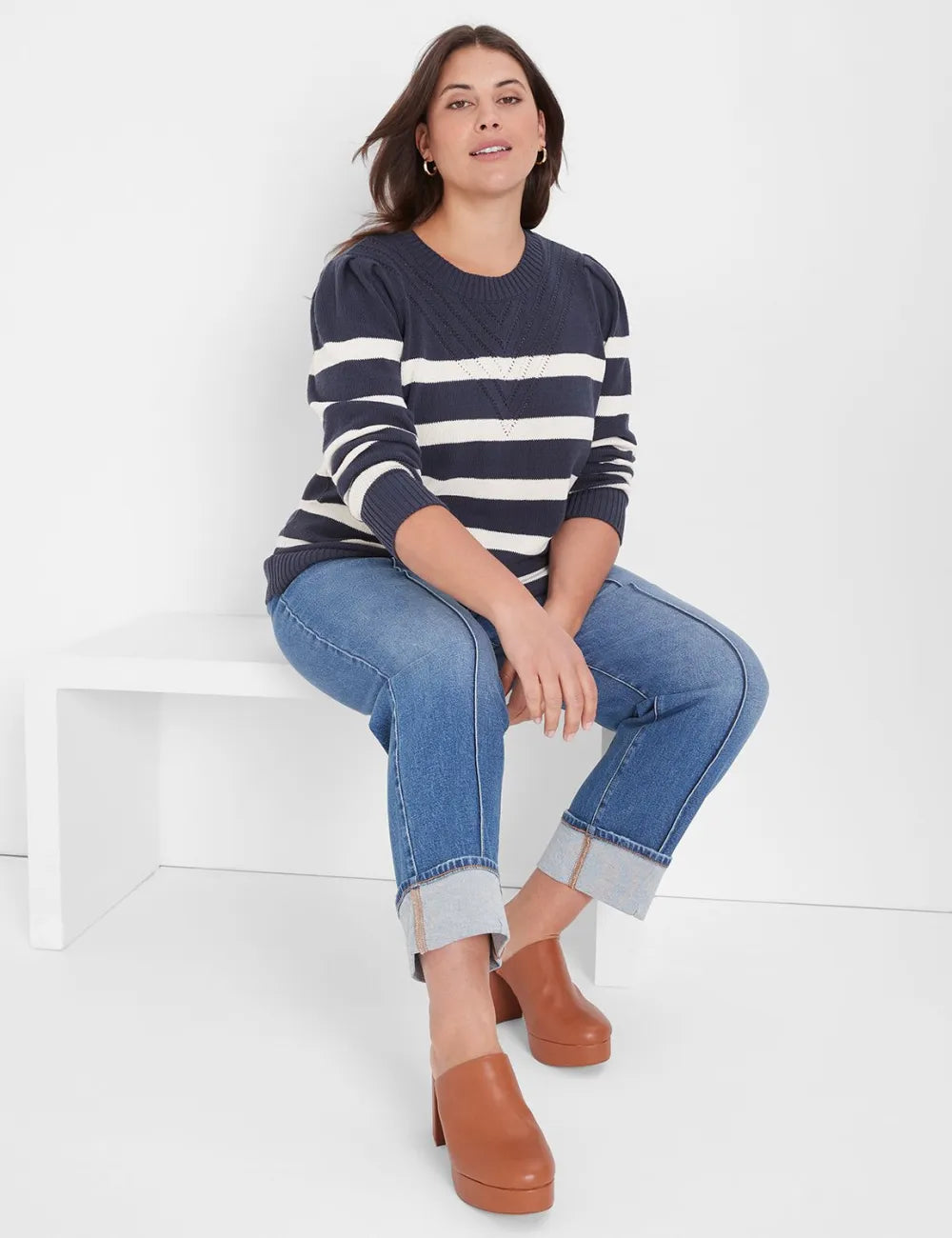 Puff-Sleeve Crew-Neck Striped Sweater