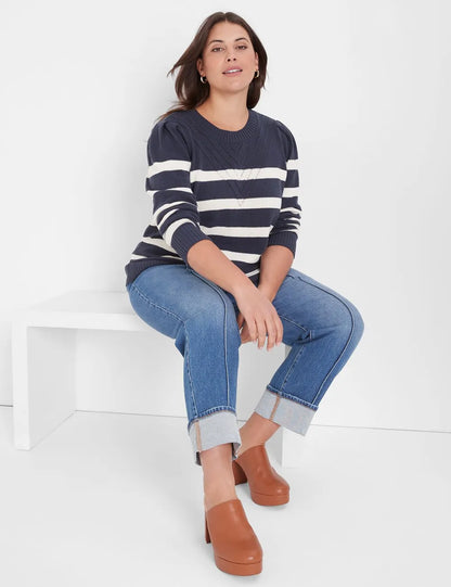 Puff-Sleeve Crew-Neck Striped Sweater