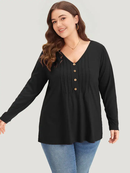 Plain V Neck Line Button Detail T-Shirt
