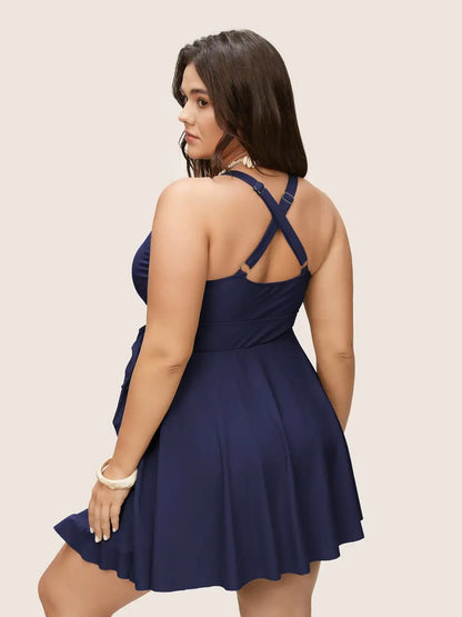 Plain Ties Wrap Flutters Swim Dress