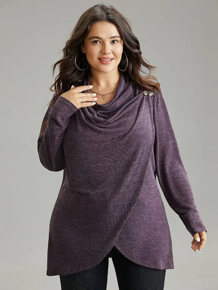 Plain Heather Cowl Neck Button Detail Sweatshirt
