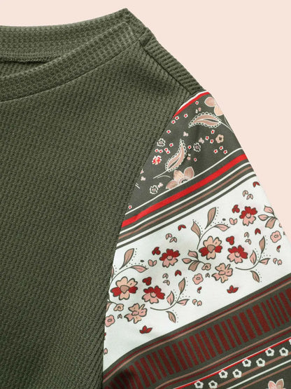 Boho Print Patchwork Crew Neck Sweatshirt