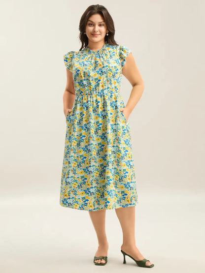 Floral Print Shirred Pockets Midi Dress