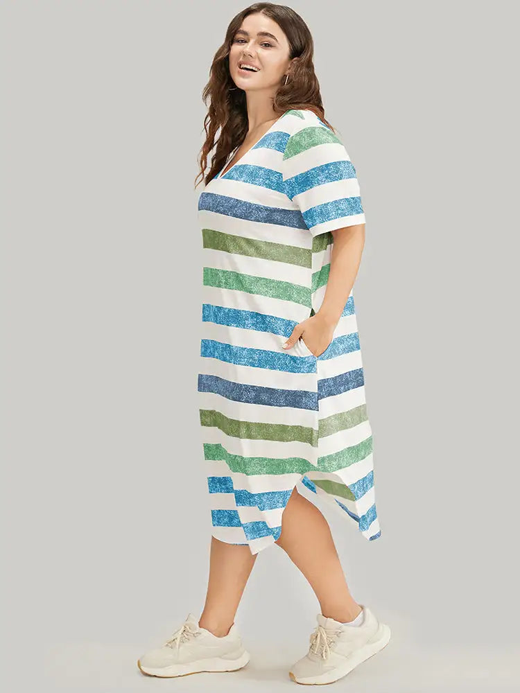 Striped Contrast Arc Hem V Neck Pocket Dress