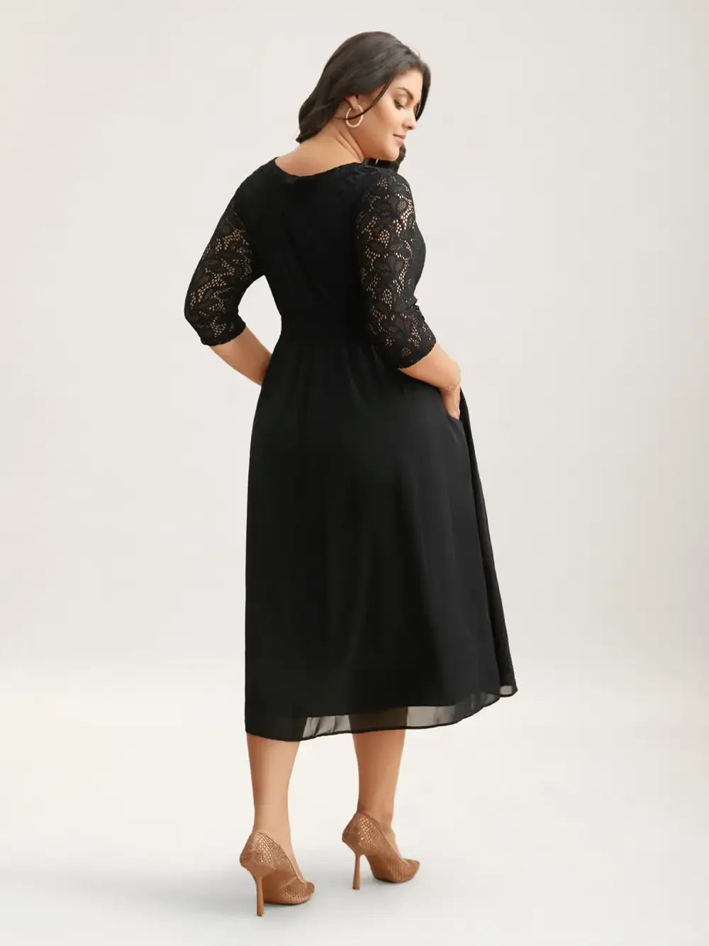 Lace Patchwork Shirred Midi Pocket Dress