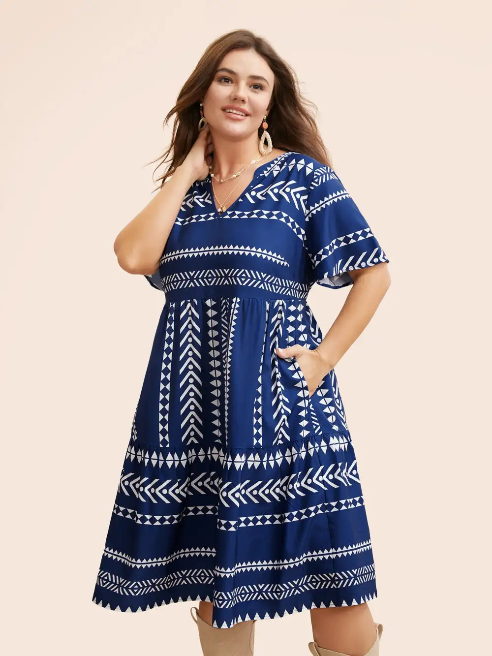 Bandana Geometric Ruffle Sleeve Babydoll Dress