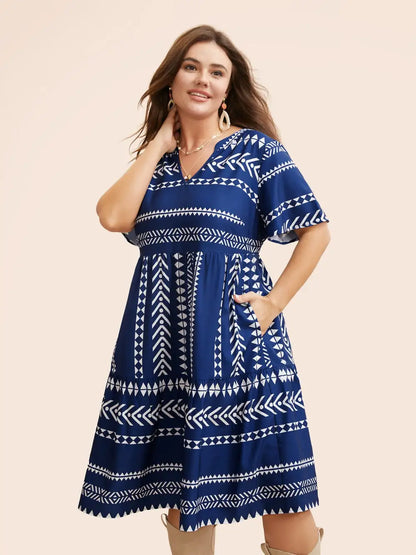 Bandana Geometric Ruffle Sleeve Babydoll Dress