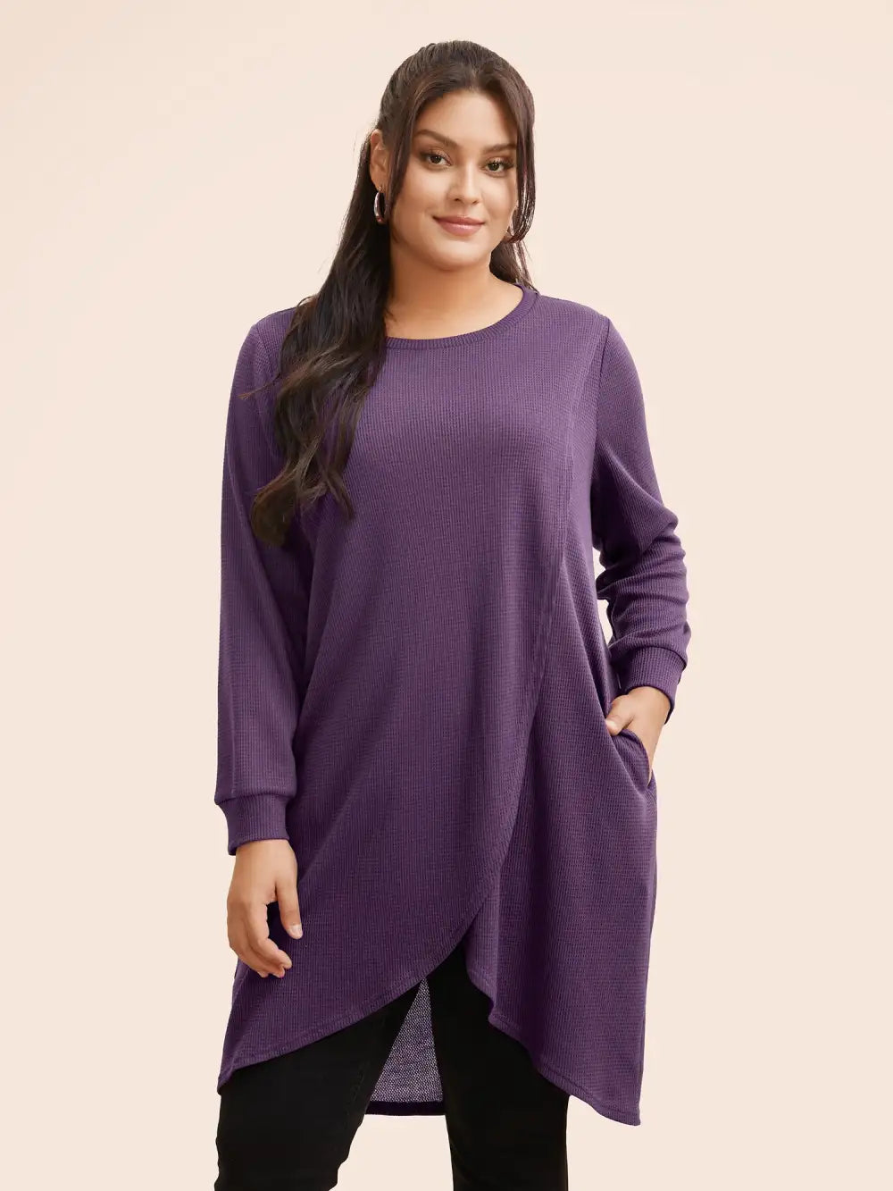 Solid Waffle Knit Overlap Hem T-Shirt