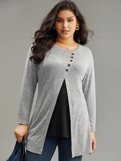 Contrast Patchwork Crew Neck Button Detail T-Shirt