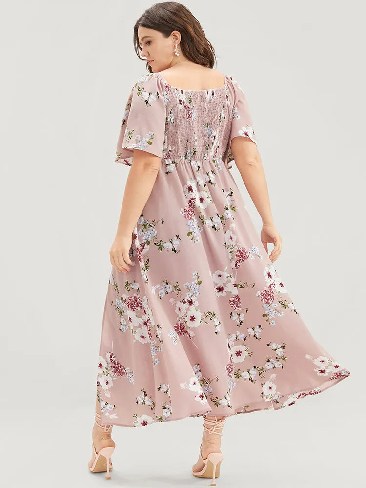 Floral Square Neck Ruffles Pocket Shirred Split Dress